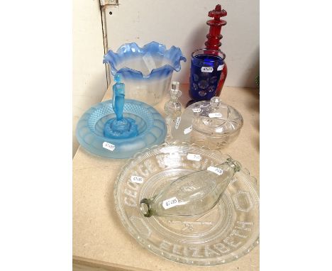 Art Deco glass table centre, ruby decanter and stopper, 24cm, feeder, overlay glass vase etc 