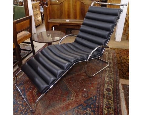 A Mies Van Der Rohe design M R style modernist chaise/lounger in black leather and tubular steel, with adjustable rake 