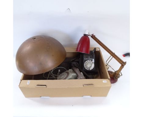2 Vintage dial telephones, an anglepoise lamp, and a copper ceiling light bowl 