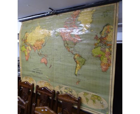 A Vintage coloured single-sided school map, Philip's School Room Map of the World, 168cm x 130cm 