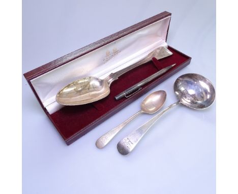 A Victorian Irish silver Fiddle &amp; Thread tablespoon, Dublin 1853, a George III silver ladle, London 1799, a silver teaspo