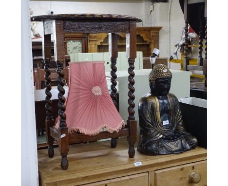 A modern painted and gilded plaster Buddha figure table lamp and shade, H46cm,a piecrust table, A 1950s pink chiffon lampshad