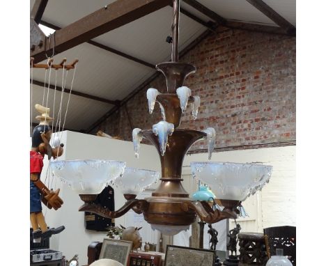 A French Art Deco opalescent Ezan glass icicle 4-branch chandelier, by Henri Petitot, W75cm, L82cm 