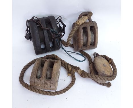 4 Vintage carved wood ship's pulleys 