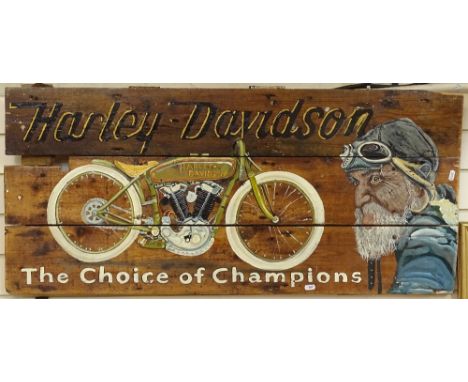 A handmade and hand painted Harley Davidson motorbike sign, by Clive Fredriksson, length 110cm 