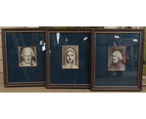Coram, 3 Old Master style pen and ink drawings, portrait studies, 13cm x 10cm, framed 