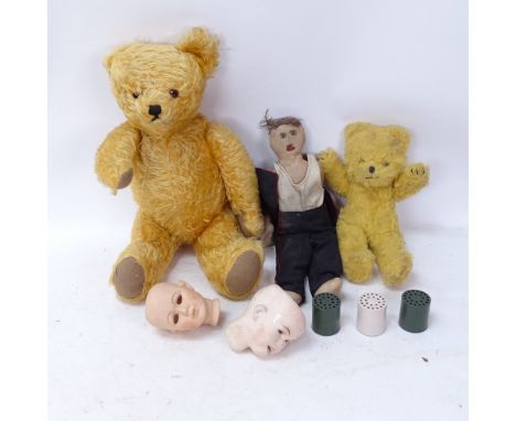 Various Vintage soft toys, and 2 porcelain doll's heads 