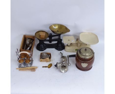 Oak silver plated biscuit barrel, MKS ring stretcher, kitchen scales, brass owl caddy spoons etc 