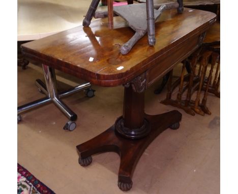 A William IV mahogany fold over card table, on a tapered centre column and platform base, W91cm 
