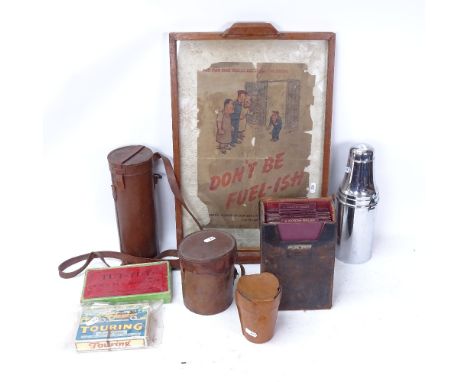 Various motoring related items, including leather-cased travelling electroplate flask, Vintage card games, Don't Be Fuel-ish 