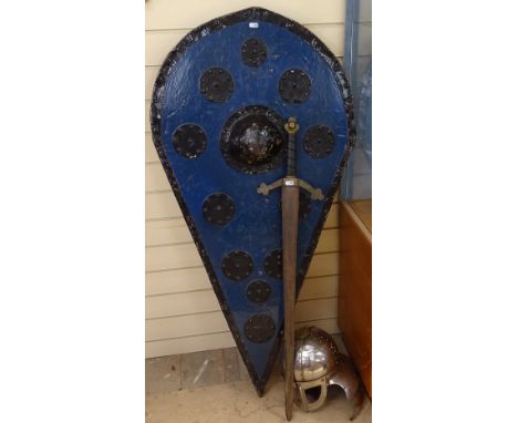 Reproduction reenactment Norman equipment, comprising kite shield, lobster helmet, and whites broadsword, shield height 126cm