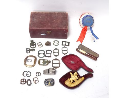 A collection of various Antique buckles, leather-cased Meerschaum pipe, and 1963 Liverpool Show Champion rosette 