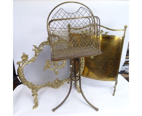 2 brass fire screens, and a brass-framed magazine rack, largest screen height 68cm (3) 