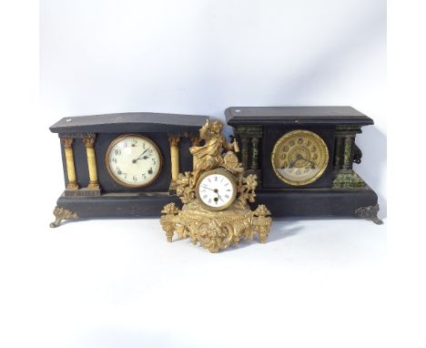 A 19th century brass mantel clock, and 2 large painted wood architectural mantel clocks (3) 