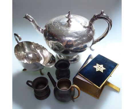 An engraved silver plated teapot, a Walker &amp; Hall dish on cast paw feet, a silver plate on copper candlestick, pewter tan