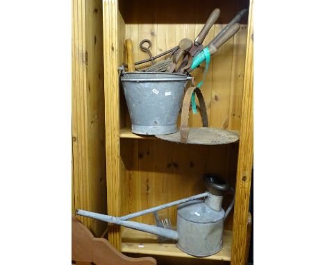 A Vintage galvanised long-reach watering can, galvanised buckets, Vintage tools etc 