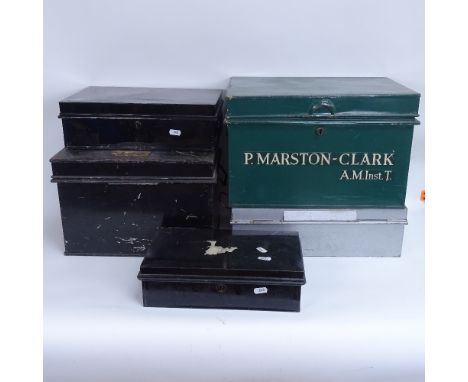 5 Vintage painted tin Deed boxes 