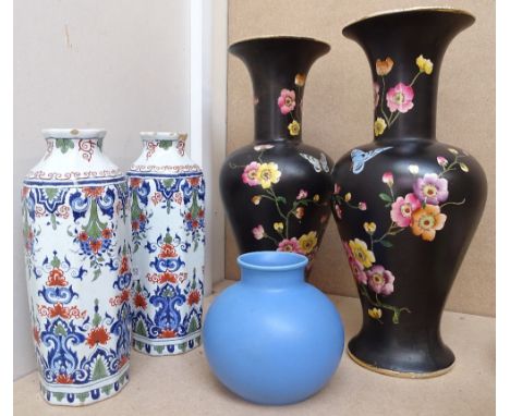 A pair of faience vases, 19.5cm, a Poole pot, and a pair of Staffordshire vases 