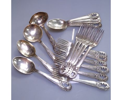 19 pieces of Danish silver plated cutlery, including ladle, with stylised pierced handles 
