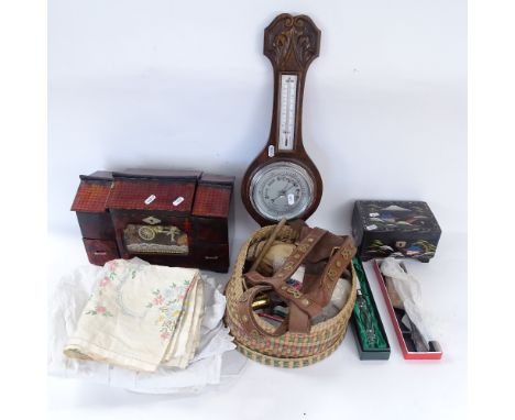 An oak-framed wall barometer, an Oriental jewel cabinet, sewing equipment etc 