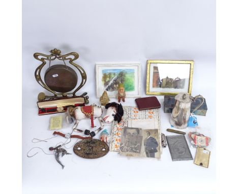 Various interesting collectables, including autograph book, ivory aide memoire, Art Nouveau dinner gong, Pelham Puppet horse 