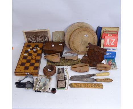 Various collectables, including pine breadboards, oak pipe rack, street maps, games box etc 