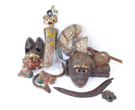 Turkish slippers, large carved wood reclining Buddha, African mask, Thai puppet etc 