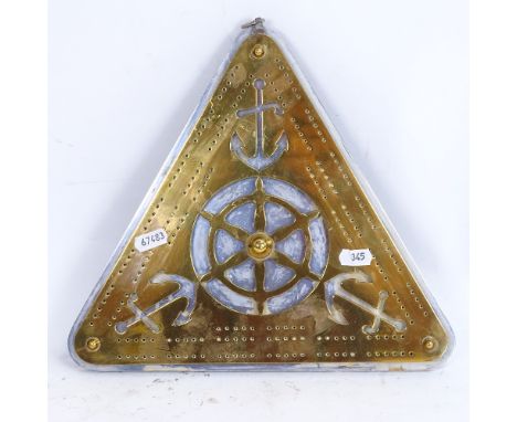 A modern brass and steel triangular nautical hanging cribbage board sign, height 27cm 