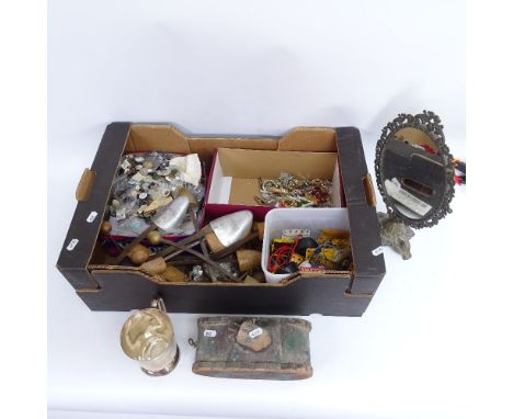 A Vintage painted wood child's carpet model tank toy, silver plated pint mug, shoe lasts, brass-framed dressing table mirror,