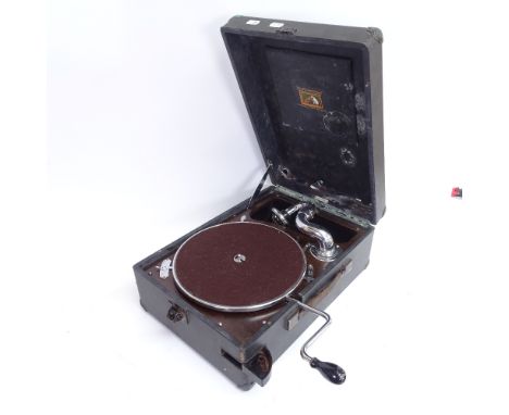 A Vintage HMV portable gramophone with crank, case length 42cm 