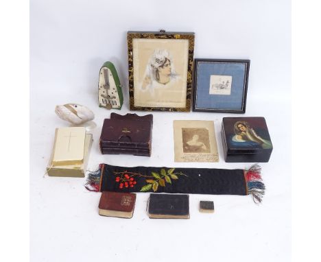 Various collectables, including chinoiserie framed print, Russian lacquered box, Wittner metronome etc 