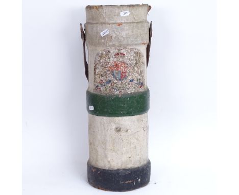 A Vintage painted leather swing-handled water carrier, with armorial, height 53cm 