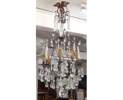 A Continental 9-branch chandelier, with glass tear-drops, L100cm 