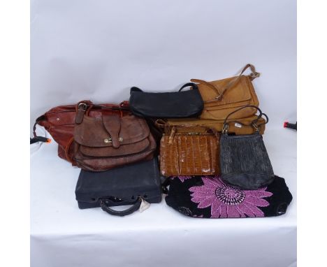 Various Vintage bags and leather cases, including travelling toiletry case with original fitted canvas outer cover 