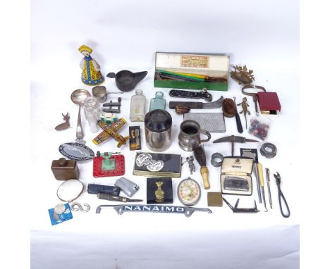 Various interesting collectables, including First War Period military issue whistle, Vintage tinplate toys, crucible dispense