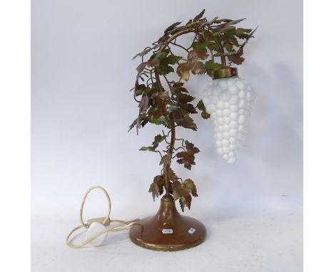 A Vintage painted metal grapevine table lamp, milk glass grape shade, overall height 56cm 