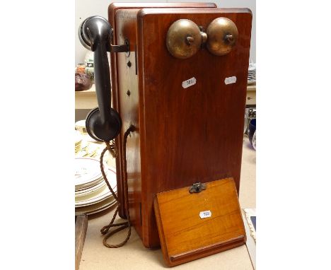 A Vintage wall-mounted oak crank box telephone, with Bakelite Siemens handset and full interior workings, case height 46cm 