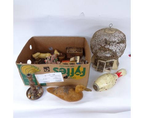A Vintage wirework sphere birdcage, bowling skittle, oak candlestick, silver plated cutlery etc 