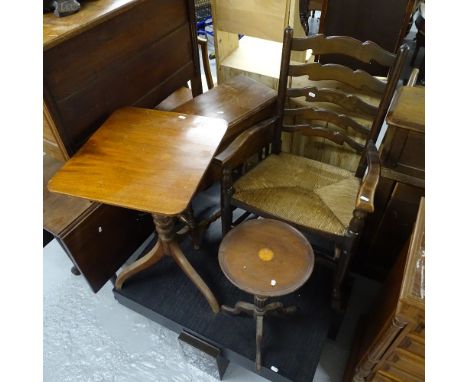 An oak ladder-back rush-seated rocking chair, a wine table, a tilt-top table, and a drop leaf table (4) 