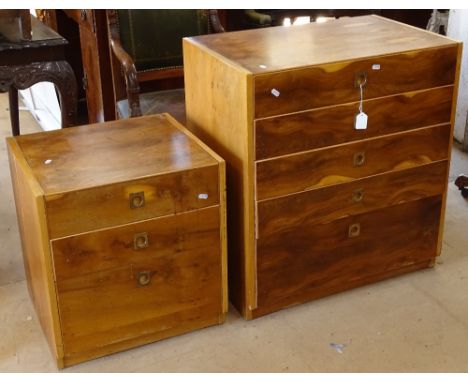 A&nbsp; Heals yew wood chest of 5 long drawers, W70cm, and a matching 3-drawer bedside chest, W50cm, with brass button to bot