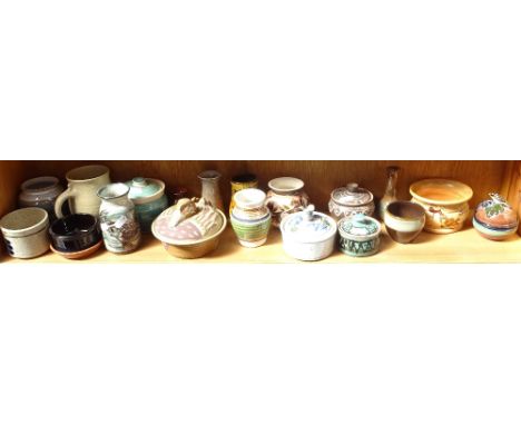 A shelf of Studio pottery vases, pots and covers etc 