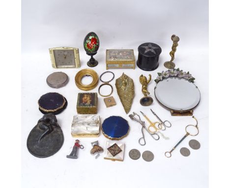 Various interesting collectables, including unmarked yellow metal and blue enamel miniature photo frame, pair of gilt-spelter
