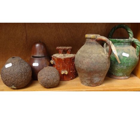 19th century pear design caddy, 16.5cm, a terracotta jug etc 
