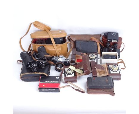 Various Vintage cameras and binoculars, including Pentax, Ronoco field optics etc 