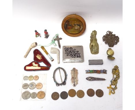 Various interesting collectables, including French silver crucifix, leather-cased novelty dog Meerschaum pipe, small chrome p