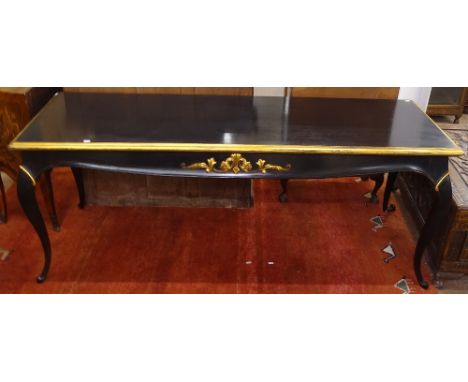 An Antique ebonised and gilded rectangular console table, with applied carved decoration, on cabriole legs, L183cm 