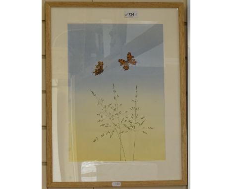 K Weaver, watercolour, Comma butterflies and grass, 15" x 10.5", framed 