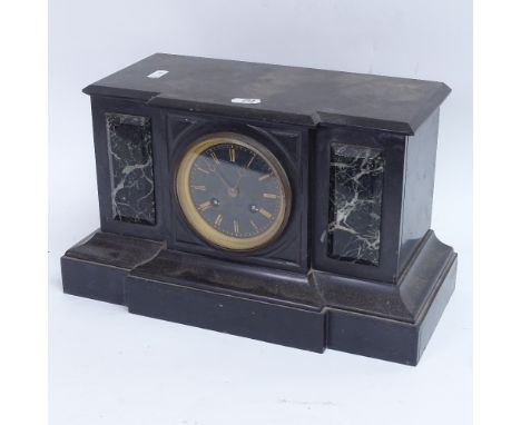 A slate and veined marble-cased architectural 8-day mantel clock, movement striking on a bell, case length 36cm (missing rear