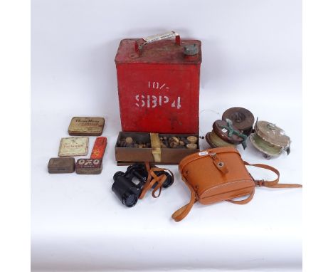 Various collectables, including a Vintage petrol can, fishing reels, binoculars etc 