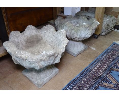 A pair of weathered concrete 2-section garden planters, and a weathered embossed rectangular trough of small size (3) 